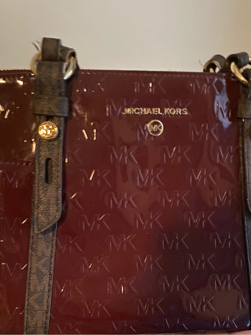 Michael Kors Burgundy Patent Leather MK-Embossed Tote with Gold Hardware